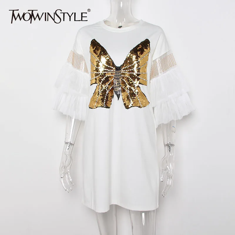 TWOTWINSTYLE Bowknot Sequins T-shirt Dress Women Patchwork Mesh Flare Sleeve Mini Dresses Female Summer Casual Clothes 2019 New
TWOTWINSTYLE Bowknot Sequins T-shirt Dress Women Patchwork Mesh Flare Sleeve Mini Dresses Female Summer Casual Clothes 2019 New