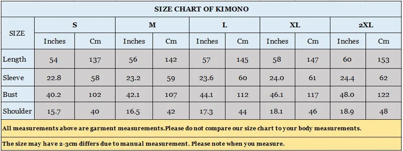 size chart of kimino