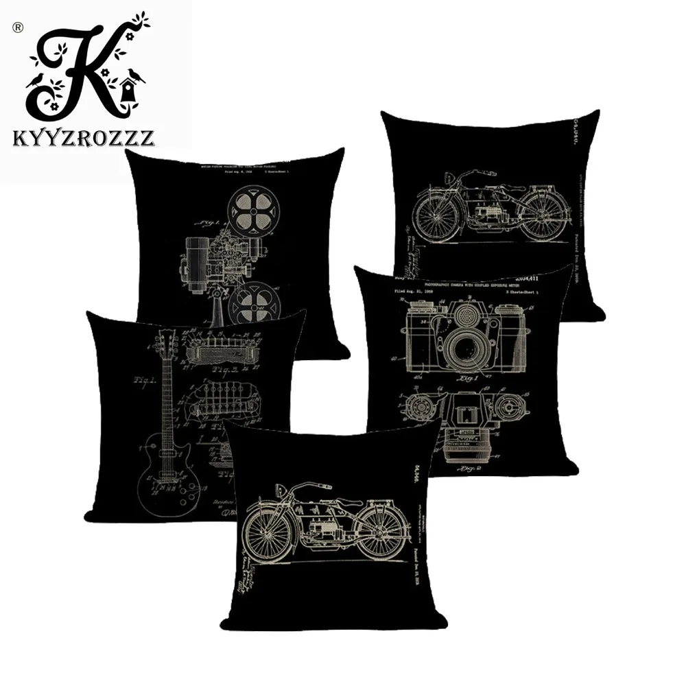 

Home Retro Black Linen Blend Cushion Covers Sofa camera guitar Square Pillowcases bicycle Car Decorative Throw Pillow Case