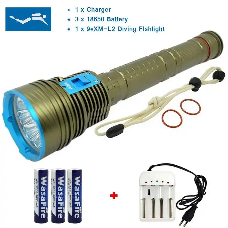 

Newest Waterproof 9 x XM-L2 20000 Lumen LED Diving Flashlight Underwater Lamp Torch 150m Scuba Diver Lanterna + 3*18650 Battery