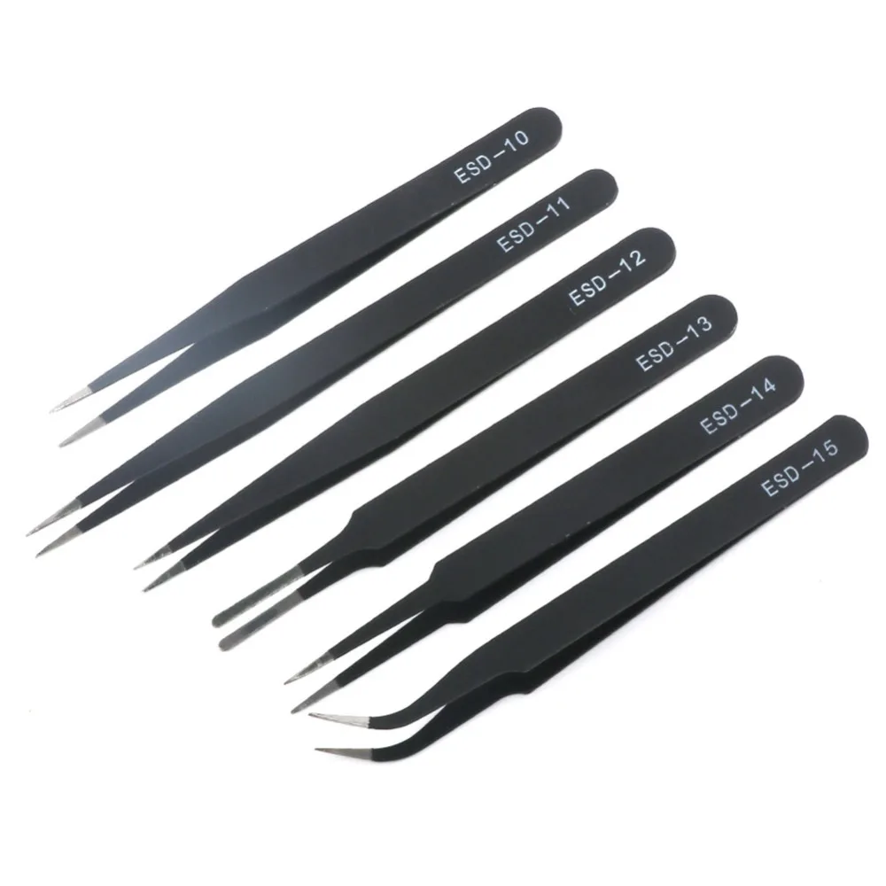 6Pcs ESD Anti-Static Stainless Steel Tweezers Set Soldering Repair Tool for Electronics Jewelery Model Making DIY Hand Tools
6Pcs ESD Anti-Static Stainless Steel Tweezers Set Soldering Repair Tool for Electronics Jewelery Model Making DIY Hand Tools