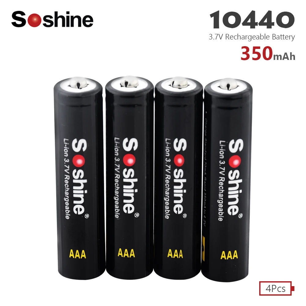

4pcs Soshine 3.7V 350mAh High Capacity 10440 Li-ion Rechargeable Battery AAA Battery for LED Flashlights Headlamps