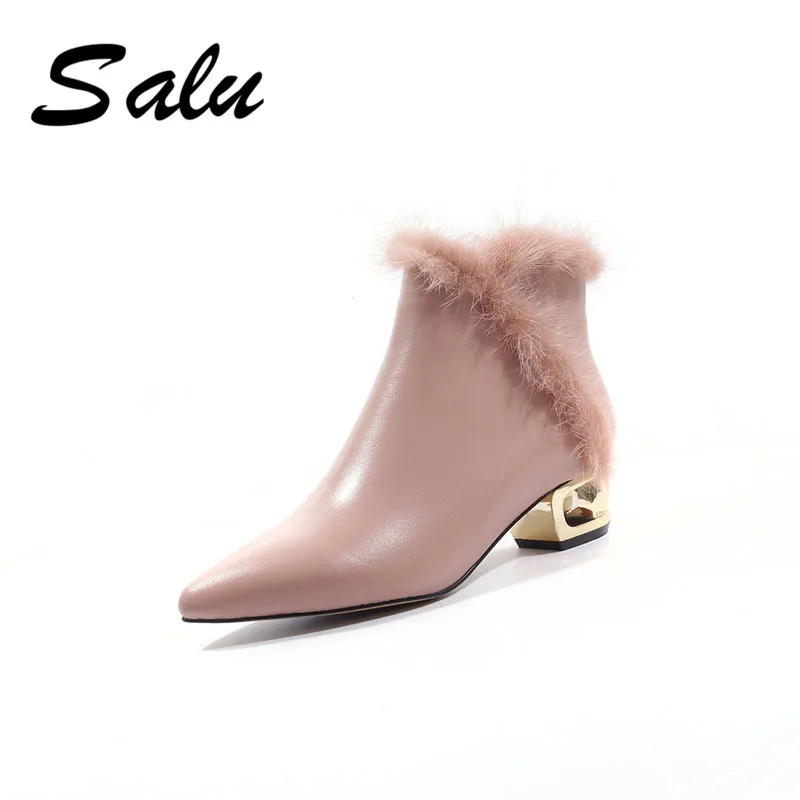 Salu genuine leather ankle boots elegant pointed toe thick heel ladies shoes short boots women's leather boots winter boots
Salu genuine leather ankle boots elegant pointed toe thick heel ladies shoes short boots women's leather boots winter boots