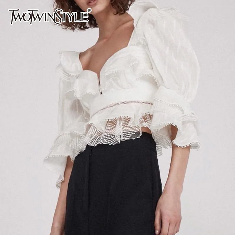 TWOTWINSTYLE Strapless Sexy Shirt Female Lace Ruffles Patchwork Puff Sleeve Hollow Out Palazzo Short Blouse Summer Vintage Tops
TWOTWINSTYLE Strapless Sexy Shirt Female Lace Ruffles Patchwork Puff Sleeve Hollow Out Palazzo Short Blouse Summer Vintage Tops