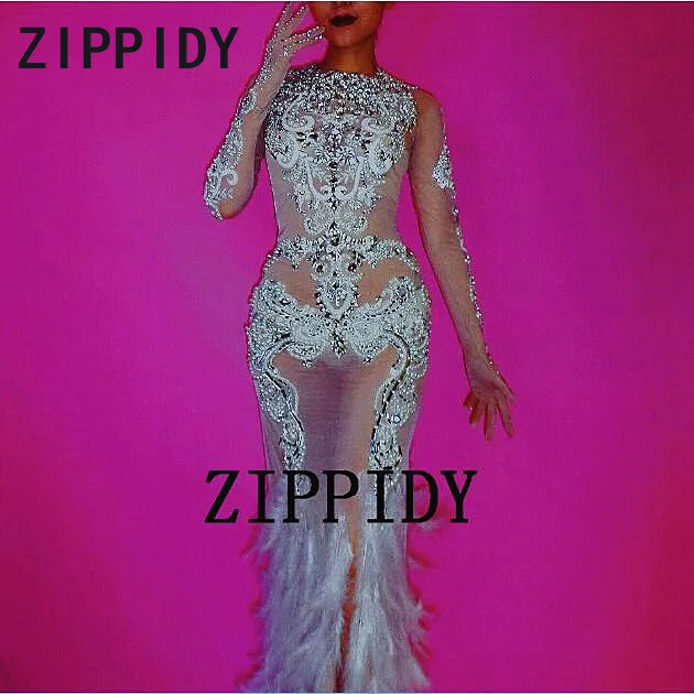 New Bright Rhinestones Pearl Feather Long Dress Women's Birthday Party Wear Female Singer Show Sexy Mesh Perspective Dresses
New Bright Rhinestones Pearl Feather Long Dress Women's Birthday Party Wear Female Singer Show Sexy Mesh Perspective Dresses