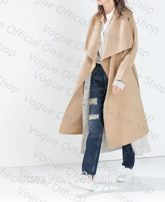 Image Ref 7522 242 Fashion Brand Genuine ZA 2015 Women Handmade Camel  Extra Long Wool Belted Trench Coat Draped Front Large Lapels