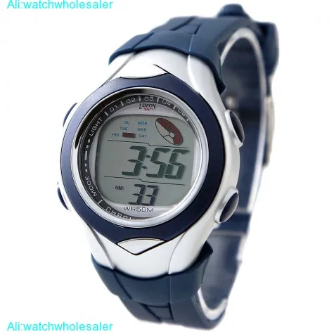 DW045F PNP Shiny Silver Watchcase Chronograph Date Dark Blue Bezel Digital Watch