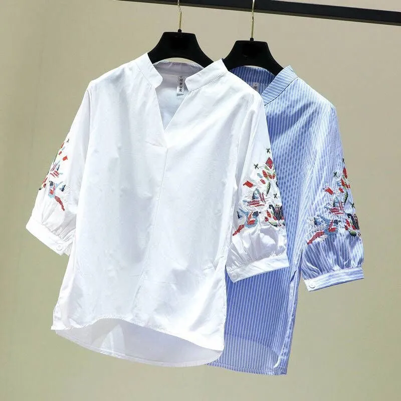 Casual Striped Women Blouse Vintage Embroidery Design Long Sleeves V-Neck Collar Women Shirts Winter New Arrivals
Casual Striped Women Blouse Vintage Embroidery Design Long Sleeves V-Neck Collar Women Shirts Winter New Arrivals