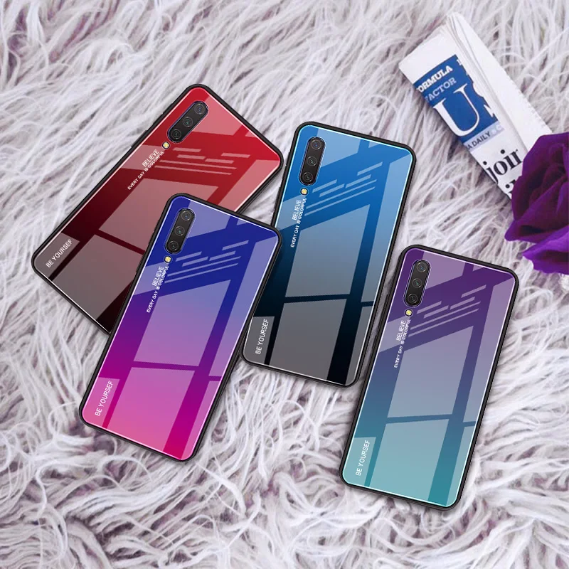 Gradient Aurora Color Tempered Glass Case for Xiaomi CC9 Pocophone F1 8 Lite A2 A1 9 9T Pro 6X 5X Redmi K20 7A Note 7 5 6Pro |