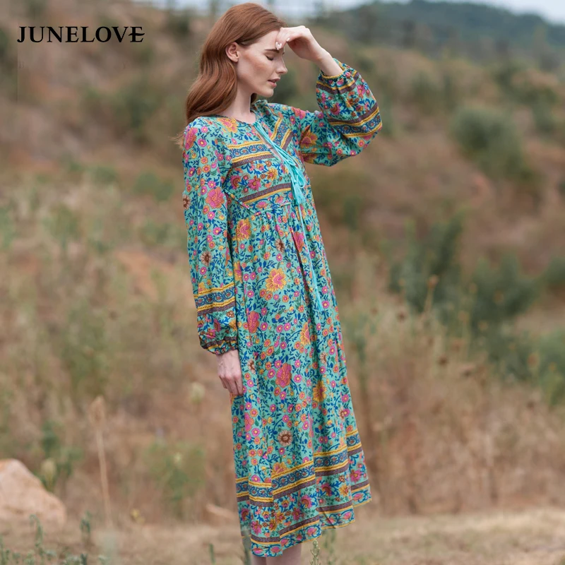 JuneLove 2019 осенние богемные Длинные платья женские повседневные свободное