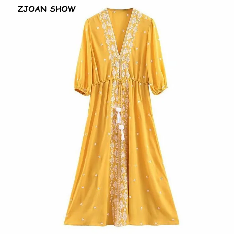 2019 Holiday V neck Embroidery Flower Drawstring Lace up waist Dress Ethnic Woman Cotton Linen Dresses Beach Holiday Vestido
2019 Holiday V neck Embroidery Flower Drawstring Lace up waist Dress Ethnic Woman Cotton Linen Dresses Beach Holiday Vestido