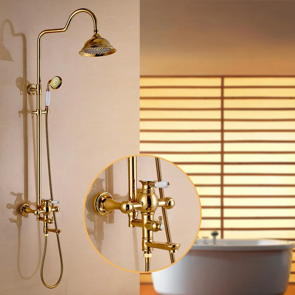 

FLG Shower Faucet Gold Brass Finish Bathroom Rainfall With Spray Shower Durable Brass Construction Faucet Set Home Decoration