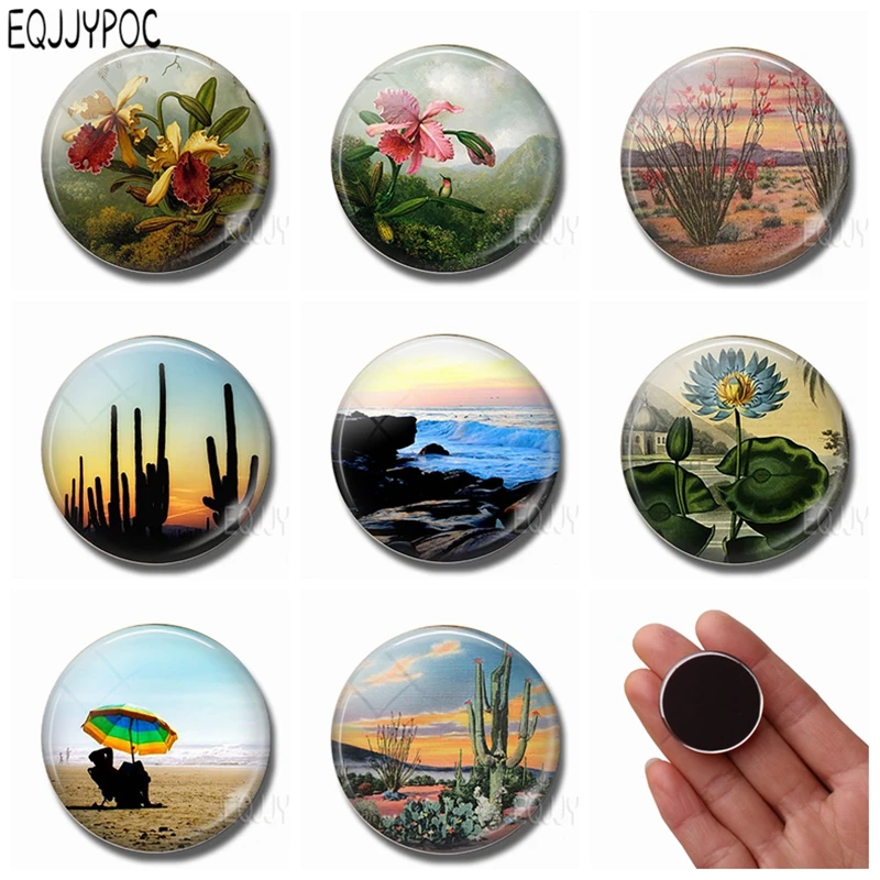 

Desert Cactus and Beach Natural Scenery 30 MM Glass Fridge Magnet Flower Lotus Orchid Magnetic Stickers for Refrigerator Decor