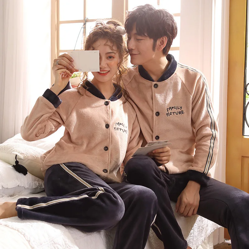 JINUO New Arrival Winter Young Couples Flannel Thicken Pajama Sets Lovers Casual Warm Soft Baseball Home Wear Sleepwear Set | Мать и