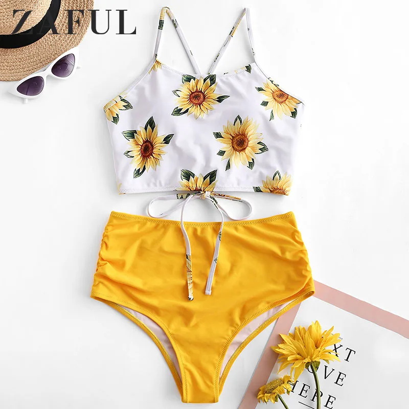 

ZAFUL Bikini Ruched Sunflower Overlay Tankini Set Cut Out Spaghetti Straps Swimwear Women Sexy Swimsuit Push Up Bikini Femme