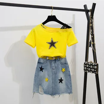 2019 Women Summer New Casual Two Piece Set Sequined Stars Slash neck T-shirt+ Embroidery Star Tassel Denim Skirt With Belt
2019 Women Summer New Casual Two Piece Set Sequined Stars Slash neck T-shirt+ Embroidery Star Tassel Denim Skirt With Belt