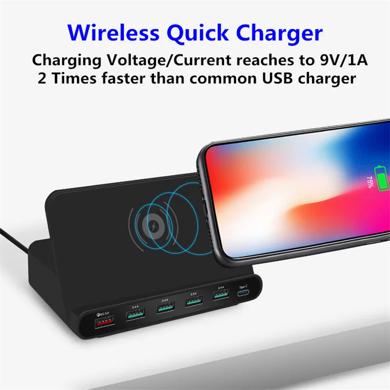 Беспроводное зарядное устройство 3 в 1, QC 3,0, быстрая зарядка, 5 портов USB Type-C, зарядная док-станция, подставка для смартфонов iphone, Samsung, Xiaomi
Беспроводное зарядное устройство 3 в 1, QC 3,0, быстрая зарядка, 5 портов USB Type-C, зарядная док-станция, подставка для смартфонов iphone, Samsung, Xiaomi