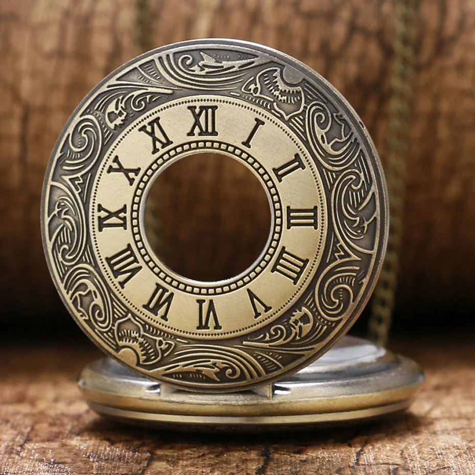 Fashion Vintage Pocket Watch Bronze Men Women Hollow Case Quartz Watch Retro Pendant Necklace with Chain for Unisex Gifts (3)