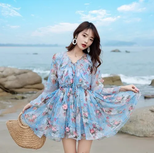 Chiffon Floral V-neck A-line Ruffles Dress Woman 2019 Summer Beach Sky Blue Holiday Clothes Mori Girl Print Women's Dresses
Chiffon Floral V-neck A-line Ruffles Dress Woman 2019 Summer Beach Sky Blue Holiday Clothes Mori Girl Print Women's Dresses