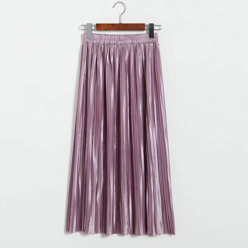 Lustrous pleated skirt metallic mid-length skirt for women of fall 2017 new Korean style joker long skirt (25)