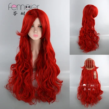 

80cm Long Curly Wig Dark Red Synthetic Hair Synthetic Wig for Women Wavy Cosplay Wigs With Bangs Heat Resistant Hair+Wig Cap