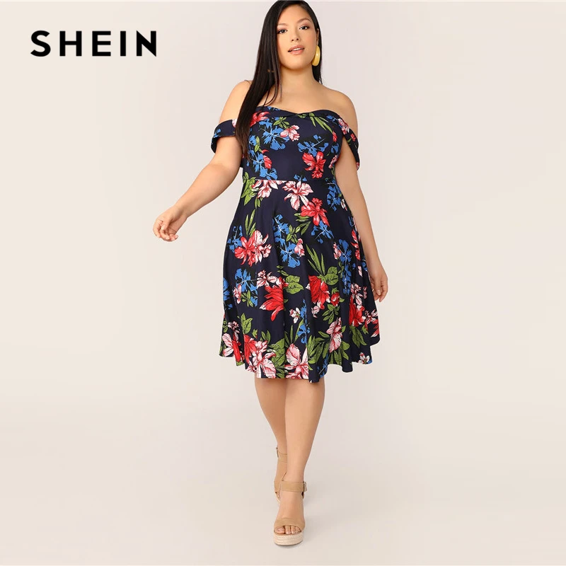 

SHEIN Plus Size Multicolor Botanical Print Off Shoulder Foldover Dress 2019 Women Summer Elegant Sweetheart A Line Midi Dresses