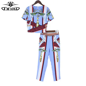 two piece set top and pants 3d printed blue top and pants 2017 high quality two pieces fashion set 17509