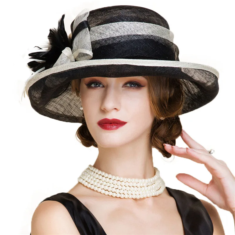 

Black And White Ladies Church Sinamay Hats For Women Linen Fedora Wedding Fascinators Wide Brim Bow Floral Kentucky Derby Hat