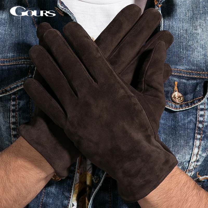 Image Gloves 2014 Winter New Men Genuine Leather Gloves Goatskin Nubuck Black Brown Plus Velvet Warm Fashion Driving Free Shipping