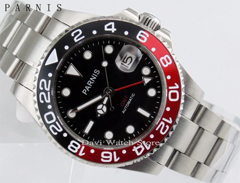 Parnis 40mm stainless steel case GMT black&red Bezel sapphire automatic mens watch 
Parnis 40mm stainless steel case GMT black&red Bezel sapphire automatic mens watch