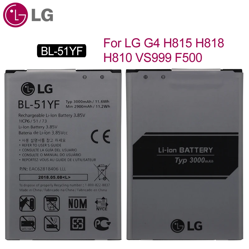 LG Original BL-51YF Phone Battery For LG G4 H815 H818 H810 VS999 F500 Replacement Batteries 2900mAh
LG Original BL-51YF Phone Battery For LG G4 H815 H818 H810 VS999 F500 Replacement Batteries 2900mAh
