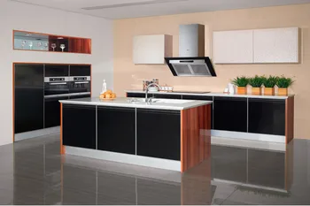 High gloss black & wood grain kitchen cabinet furniture 
High gloss black & wood grain kitchen cabinet furniture