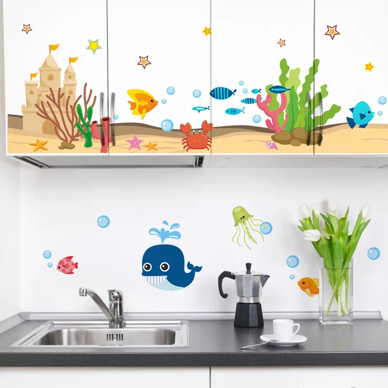 

Underwater Castle Fish Shark Bubble Crab Cartoon Wall stickers decals Art For Kid Rooms Kitchen Bathroom Toilet Window Decor