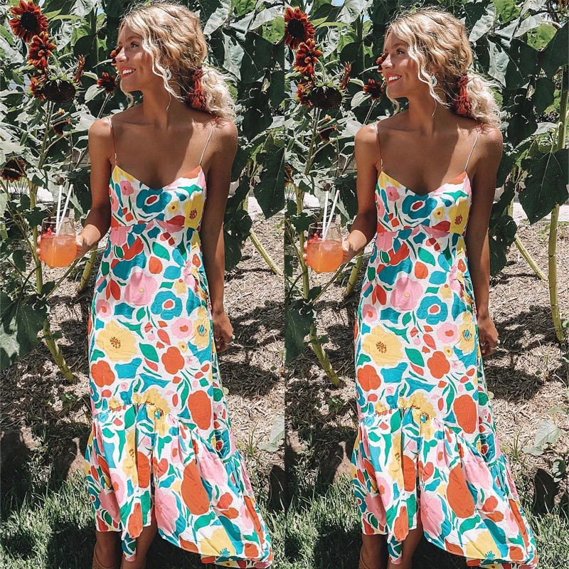 Summer Floral Dress Women Flower Print Dresses Ladies V-Neck Sleeveless Spaghetti Strap Dress Boho Style Beach Dresses Sundress
Summer Floral Dress Women Flower Print Dresses Ladies V-Neck Sleeveless Spaghetti Strap Dress Boho Style Beach Dresses Sundress