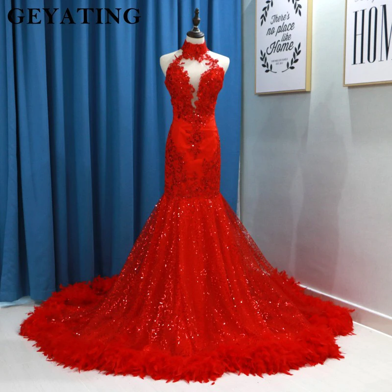 red sequin mermaid prom dress