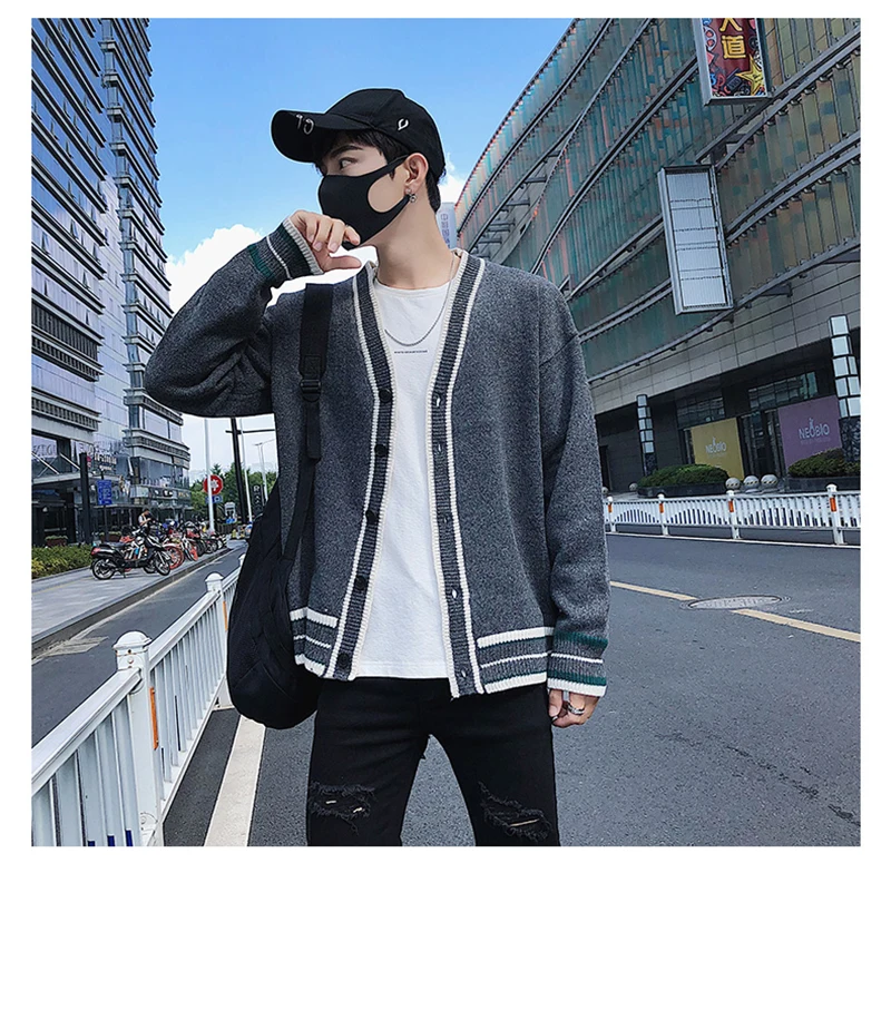 Check Button Cardigan Male Oversize Loose Streetwear (10)