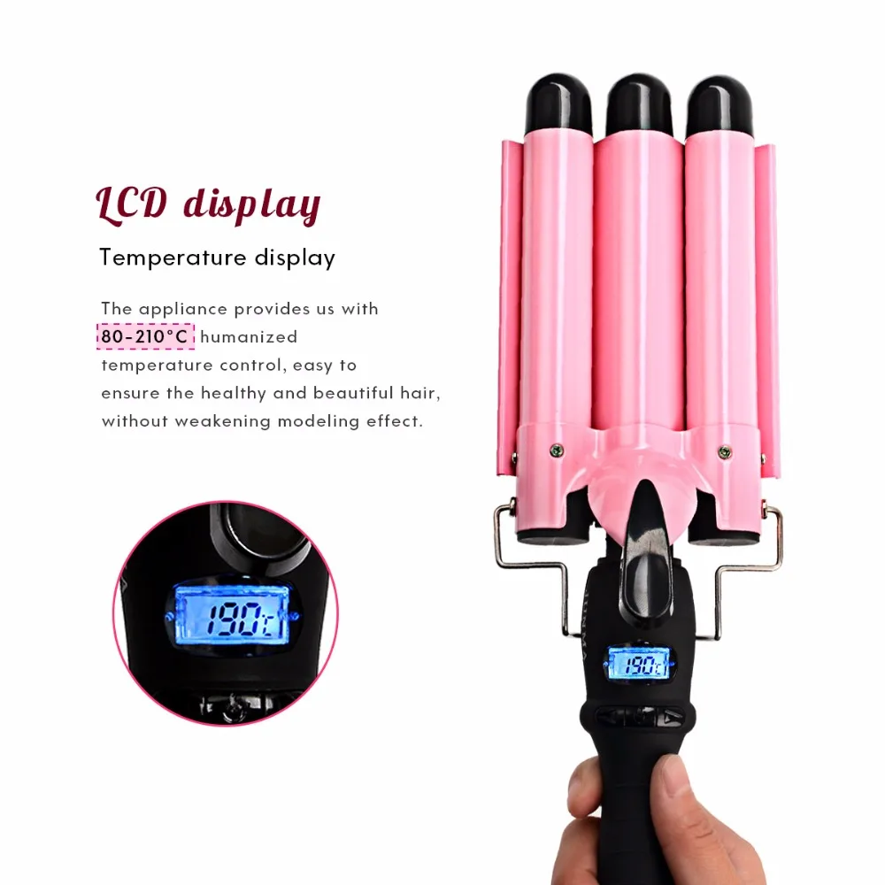 Professional wave Curling iron Tong Pink Cone Head Ceramic triple Curling Iron Big Wave Three Barrel LCD Hair curler 25mm Styler
Professional wave Curling iron Tong Pink Cone Head Ceramic triple Curling Iron Big Wave Three Barrel LCD Hair curler 25mm Styler