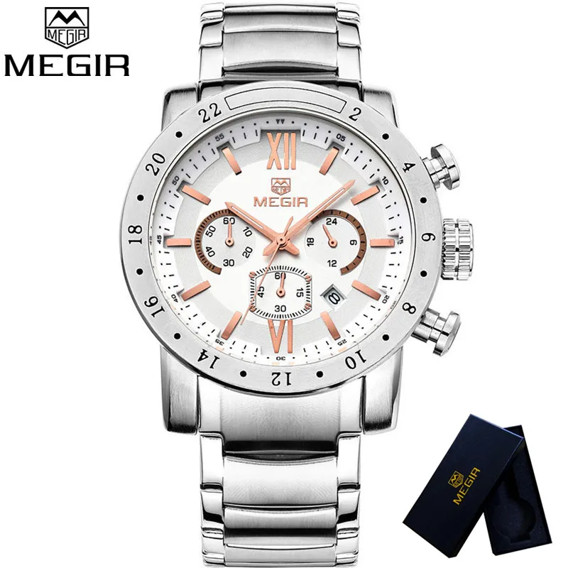 

MEGIR Chronograph Mens Watches Top Luxury Brand Clocks Steel Strap Date Quartz Men Male Watch Military Army Sport Clock Box 3006