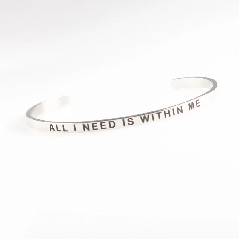 Hot New Stainless Steel Open Cuff Silver Color Women New Engraved Words Mantra Bracelet Inspirational Bangle Jewelry
Hot New Stainless Steel Open Cuff Silver Color Women New Engraved Words Mantra Bracelet Inspirational Bangle Jewelry