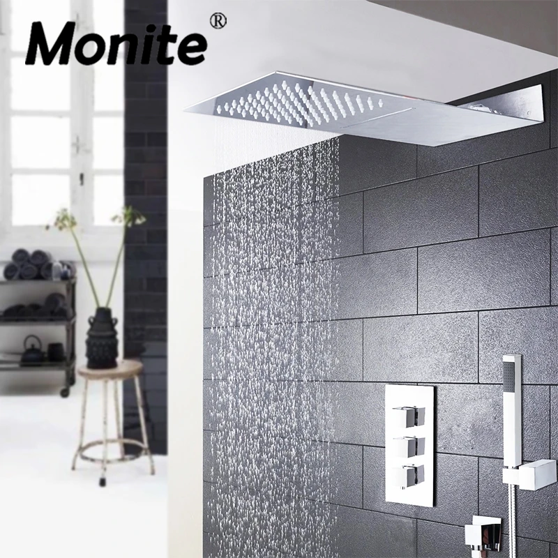 Monite 3 Functions Bathroom Square Head Shower Faucet Chrome Brass Made Shower Set 8 Inch Rainfall Shower Head Mixer Faucet 
Monite 3 Functions Bathroom Square Head Shower Faucet Chrome Brass Made Shower Set 8 Inch Rainfall Shower Head Mixer Faucet