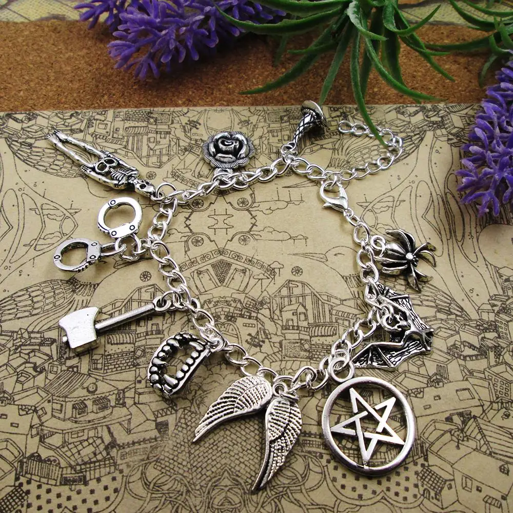 Gothic Silver Plated Charm Bracelet Goth Witch Vampire Angel Pentagram Star Wings Rose Bat Spider pendant bracelets
Gothic Silver Plated Charm Bracelet Goth Witch Vampire Angel Pentagram Star Wings Rose Bat Spider pendant bracelets