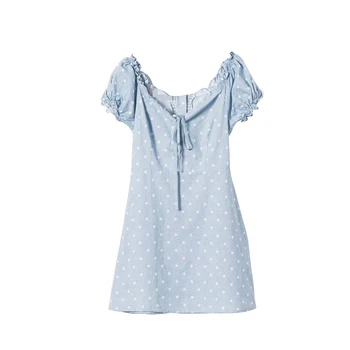 European And Vintage Front Cross Lace-up Ruched V-neck Dot Printed A-line Mini Dress Empire Lantern Short Sleeve Cotton Dress
European And Vintage Front Cross Lace-up Ruched V-neck Dot Printed A-line Mini Dress Empire Lantern Short Sleeve Cotton Dress