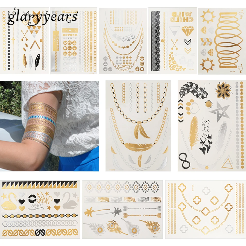 10 Sheets Flash Metallic Tattoo Temporary Sticker Beauty Pendant Feather Bracelet Design Women Sleeve Body Art Tattoo Decal Fake
10 Sheets Flash Metallic Tattoo Temporary Sticker Beauty Pendant Feather Bracelet Design Women Sleeve Body Art Tattoo Decal Fake