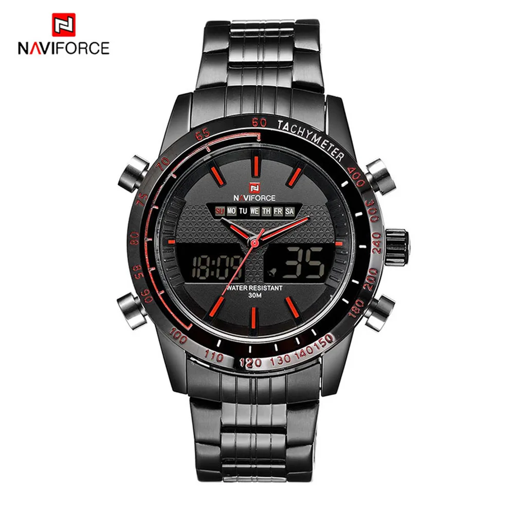 

NAVIFORCE Business Watch Men Stainless Steel Dual Time Quartz Digital LED Watch Men Dress Watch with Backlight Alarm Calendar