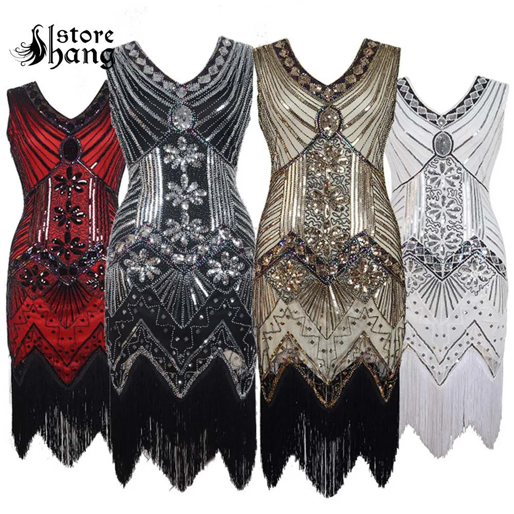 

Women's 1920s Vintage Fringe Flapper Dress Dazzling Sequins Beaded Great Gatsby Costume Roaring 20s Party Retro Midi Dress