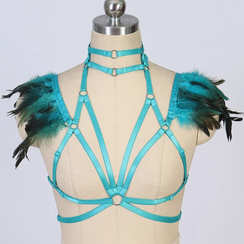 

Blue Feather Body Harness Bra Goth Top Bondage Hollow Sexy Lingerie Pastel Goth Rave Pole Dance Angel Wing Cage Bra