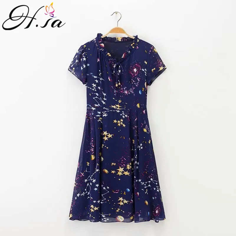 H.SA Women Chiffon Dress 2019 Short Sleeve Floral Knee Length Vestidos Navy Blue Stars Casual Pleated Dress Robe Feminina
H.SA Women Chiffon Dress 2019 Short Sleeve Floral Knee Length Vestidos Navy Blue Stars Casual Pleated Dress Robe Feminina