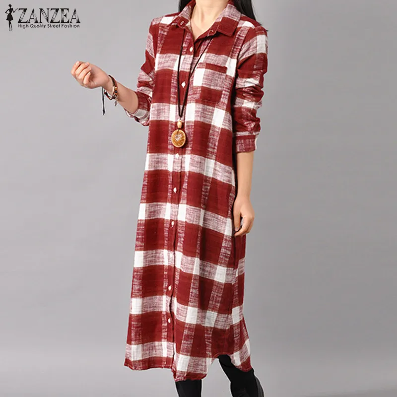 2019 ZANZEA Autumn Retro Plaid Turn-down Collar Long Sleeve Buttons Down Women Long Shirt Dress Cotton Linen Vestido Plus Size
2019 ZANZEA Autumn Retro Plaid Turn-down Collar Long Sleeve Buttons Down Women Long Shirt Dress Cotton Linen Vestido Plus Size
