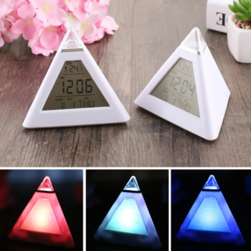 Digital Clocks Changeable Alarm Clock Pyramid Temperature 7 Colors LED Change Backlight LED Alarm Clock With Date
Digital Clocks Changeable Alarm Clock Pyramid Temperature 7 Colors LED Change Backlight LED Alarm Clock With Date