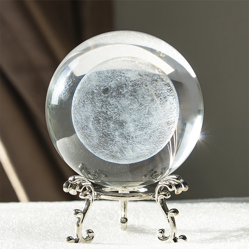 

H&D Globe Galaxy Miniatures Crystal Ball 3D Laser Engraved 70MM Moon Elk Glass Sphere With Metal Base Home Decor Creative Gift